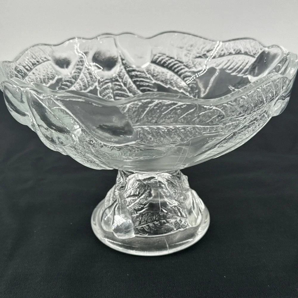 Pedestal Fruit Bowl Pear Leaf Design Vintage 80s Teleflora‎ Pressed Glass 7.5
